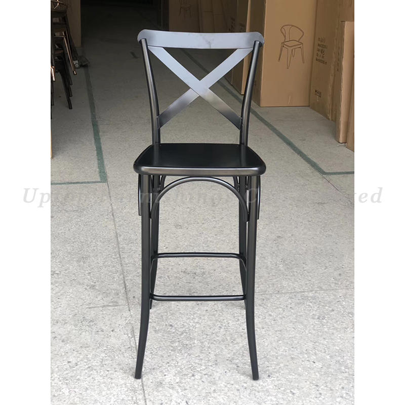 French Style Industrial Cross Back Metal High Bar Chair Stool